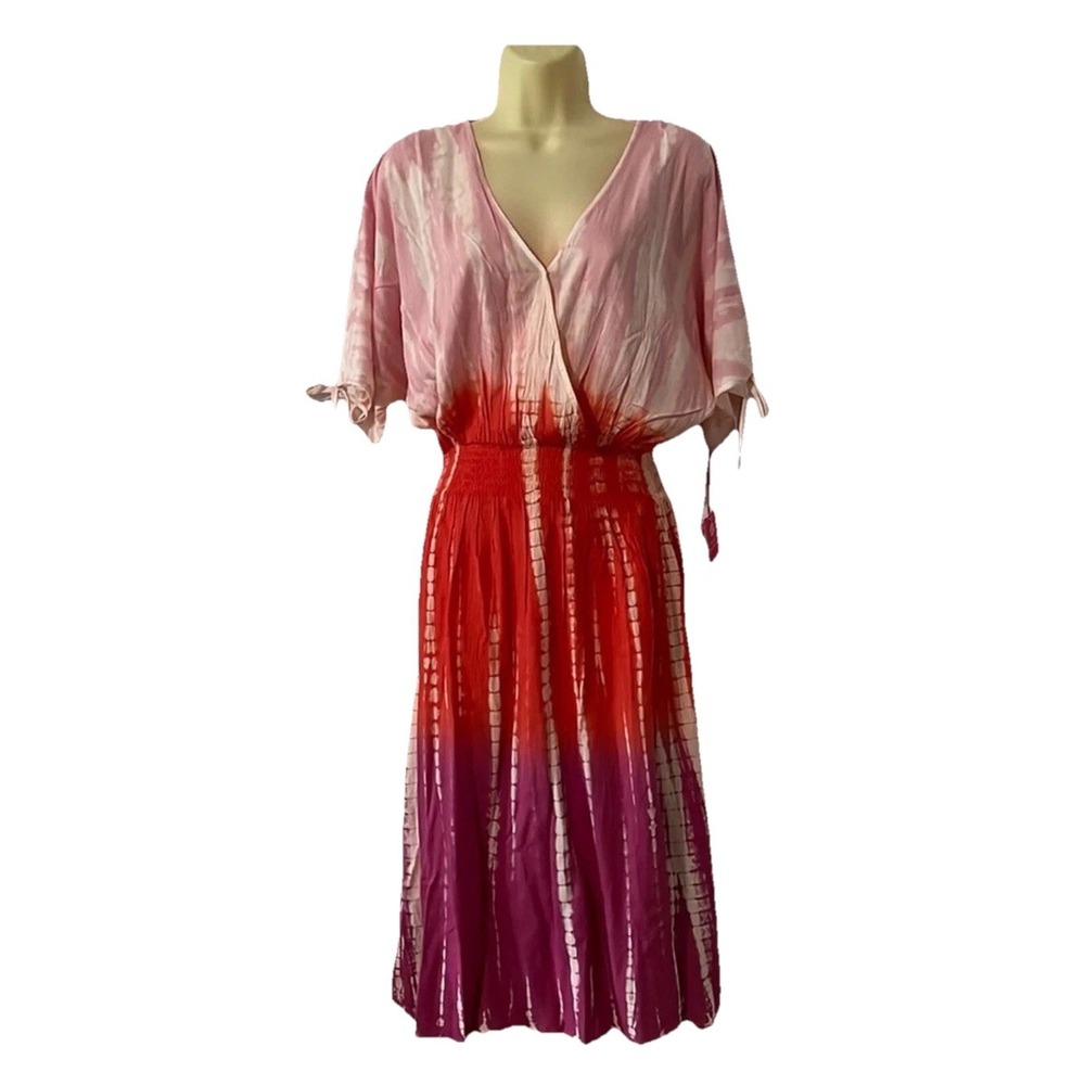 Simply Southern Women Pink Tie Dye Dress XL Cold Shoulder Smocked Midi Flowy